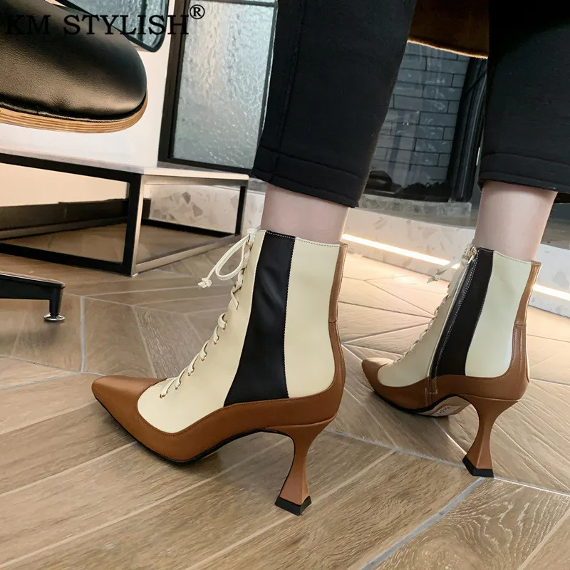 Женские ботильоны на шнуровке зимние ботинки толстом каблуке с квадратным