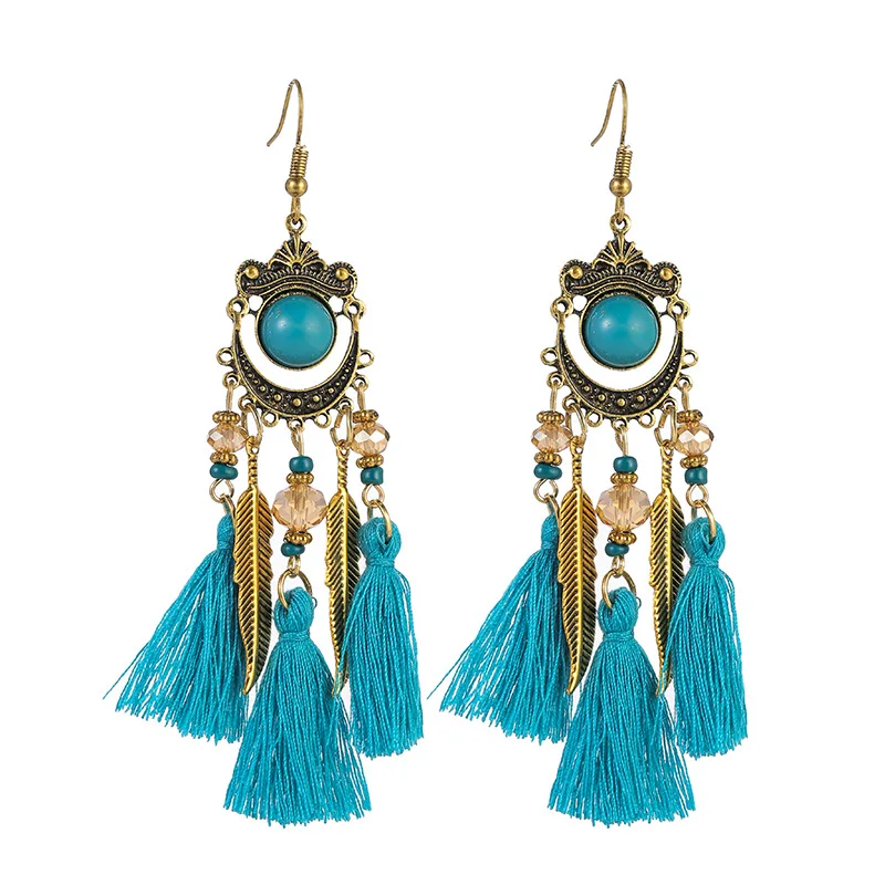 

Acrylic Rhinestone Crystal Rice Beads Crescent Tassel Earrings Women Long Retro Ethnic Style Earrings