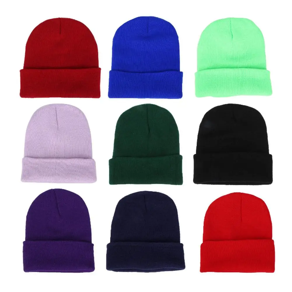 

2020 Men Women Solid Color Warm Woolen Knitted Cap Fluorescent Cuffed Beanie Hat Autumn Winter Warm Soft Beanies 15 Colors