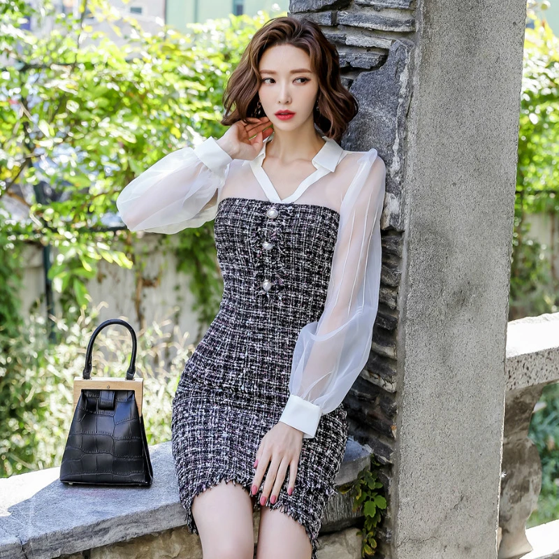 

Winter Chiffon Patchwork Casual Tweed Dress Women Turn Down Collar Pencil Dress Ladies Autumn Mini Vestidos Verano 2019 Mujer