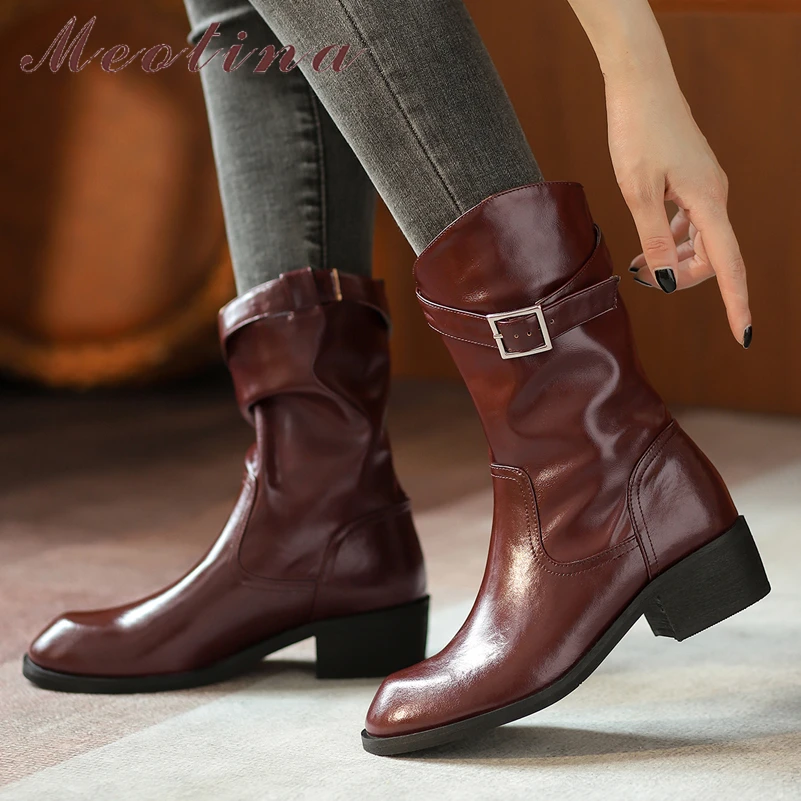 

Meotina Women Mid Calf Western Boots Women Thick Med Heel Shoes Slip On Round Toe Ladies Boots 2021 Autumn Fashion Shoes 33-40