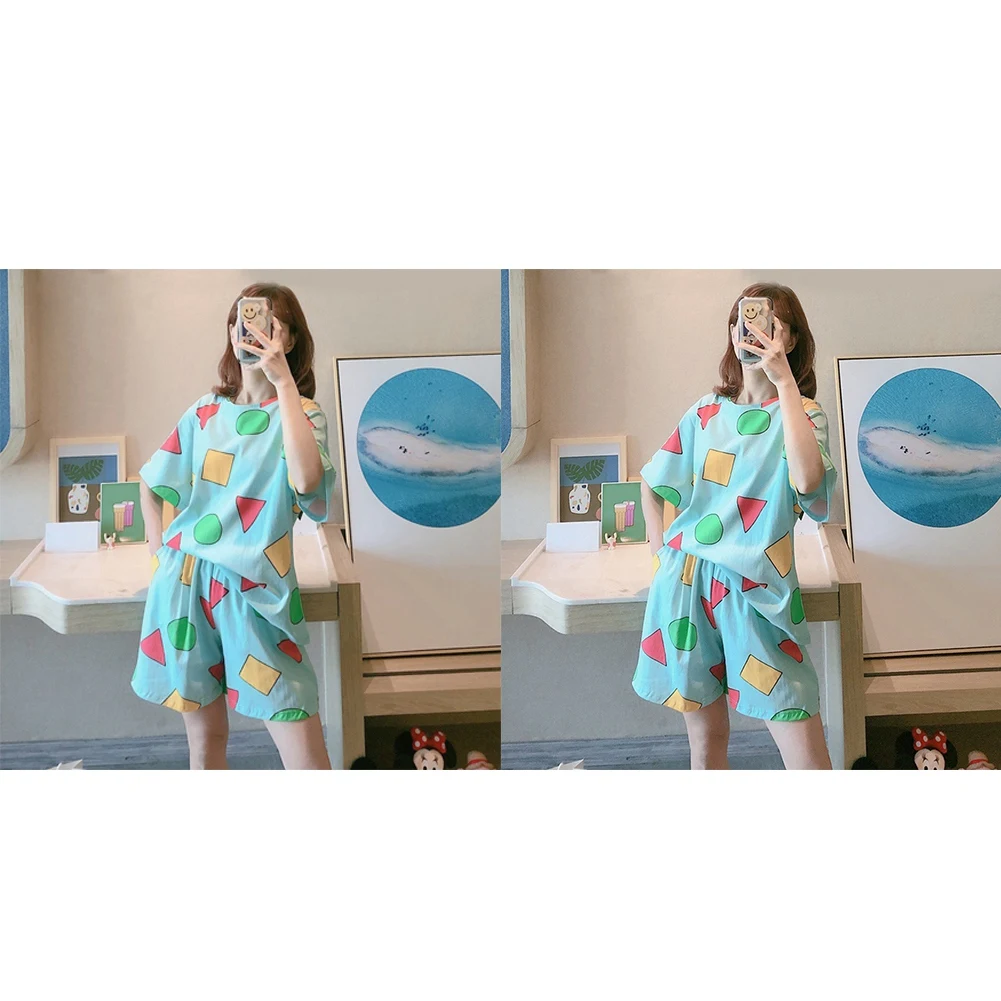 

Пижама с коротким рукавом Корейская мультяшная свежая и тонкая Домашняя одежда 4 предмета синие XL и XXL