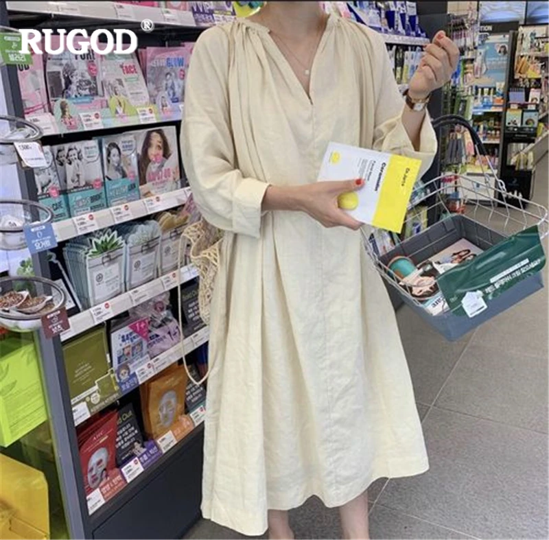 RUGOD 2019 Новый Осень Женщины Твердые Свободные Платья Плиссированные V-образным