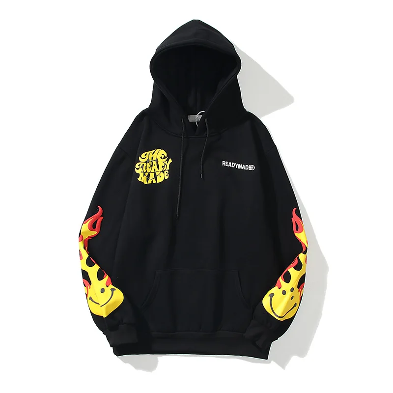 

Autumn Winter Men Hoodie 100% Cotton Arm Flame Letters High Street Skateboard Cool Sweatshirt Plus Fleece Couple Loose Hoodies