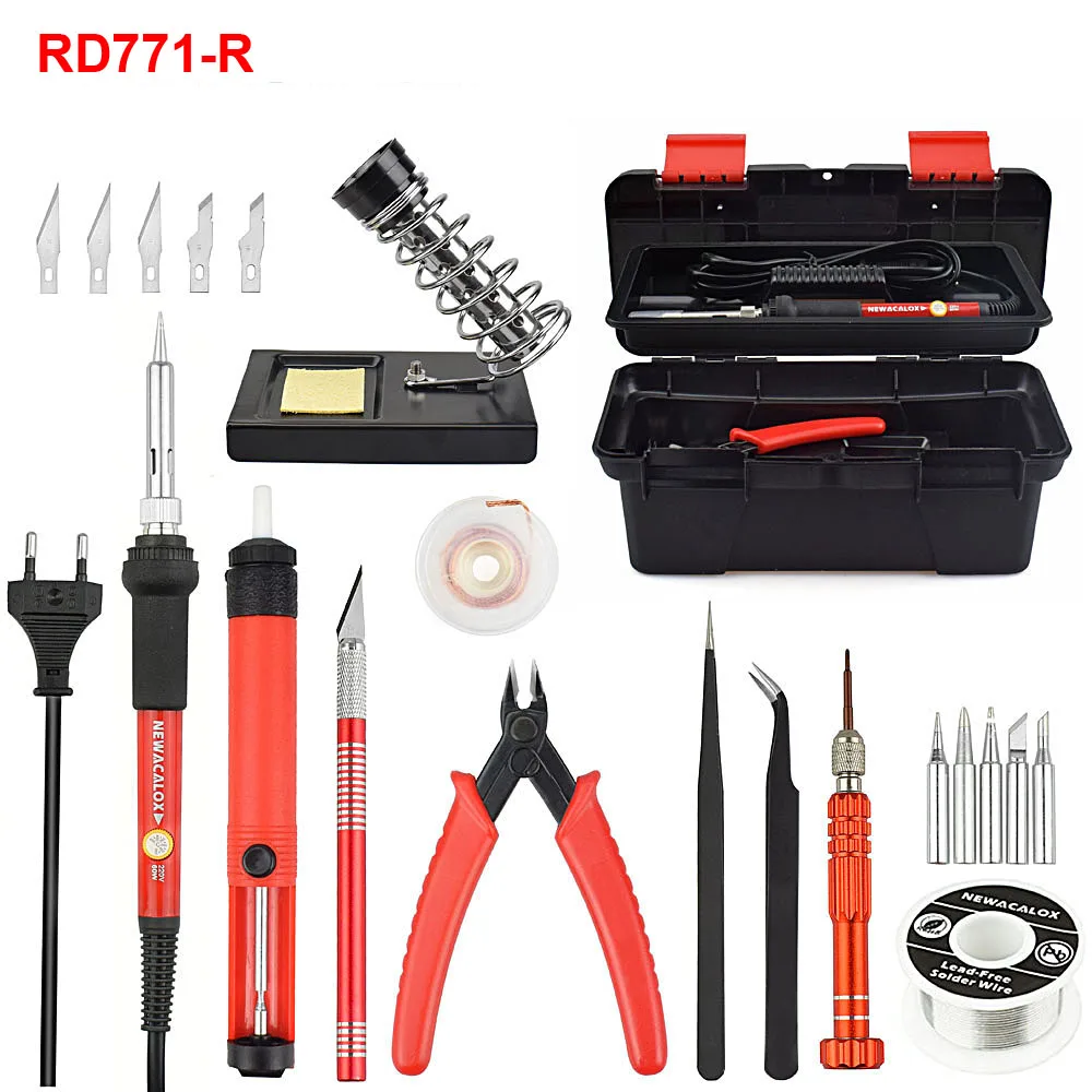 Red Soldering Iron Электрический паяльник NEWACALOX EU/US 60 Вт с регулируемой температурой, набор сварочных паяльных станций, ремонтный набор инструментов с коробкой для инструментов - Цвет: Red Soldering Iron