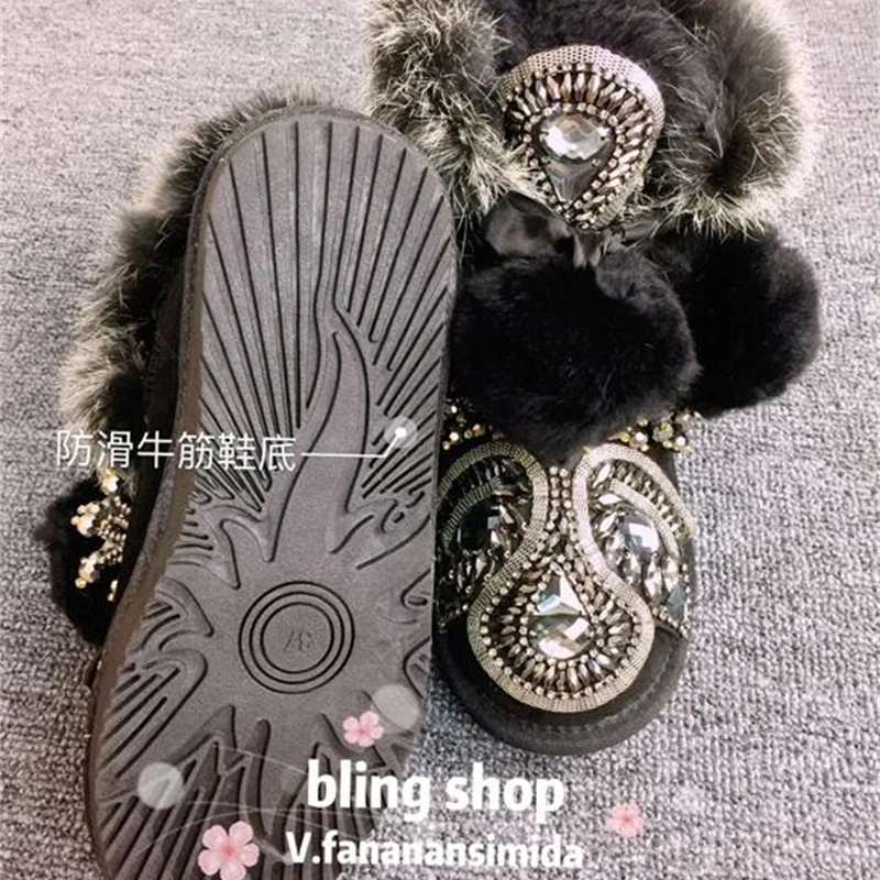 Женские зимние сапоги Новинка 2019 года Зимние с алмазными стразы Теплые кроличьим