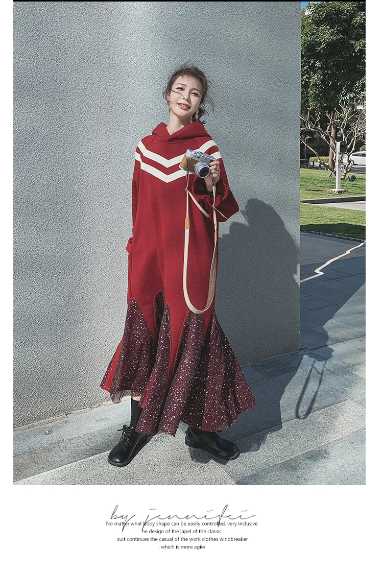 

Hooded Fishtail Dress Women Fashion Korean Loose Long Sleeve Splice Floral Ruffle Elegant Hoodie Maxi Dresses 2021 Spring Autumn