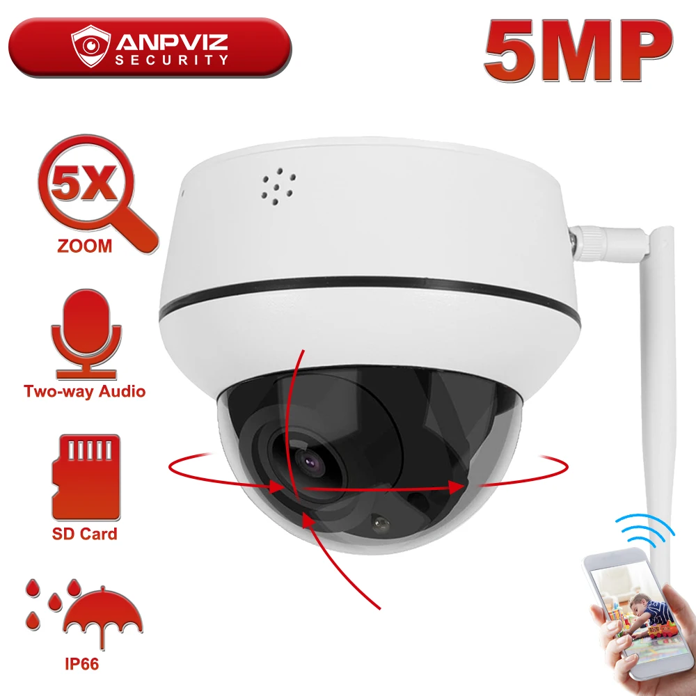 anpviz 5mp ptz wifi ip camera outdoor 5x zoom wireless security cctv camera two way audio mic speaker ir 30m ip66 camhi h 265 free global shipping