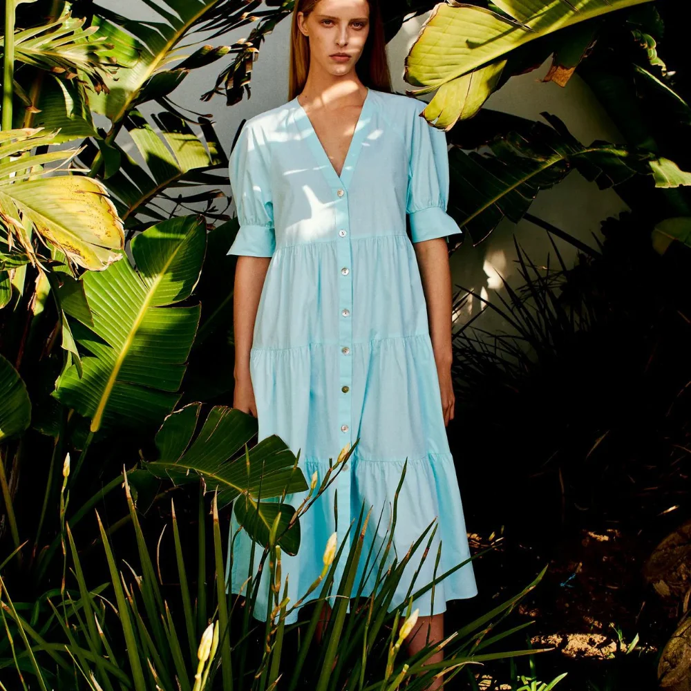 

Vintage Solid Boho Dress for Women 2021 New Blue Ruffle Short Sleeve Dress Woman Summer Pleated Ladies Beach Dresses Robe 618