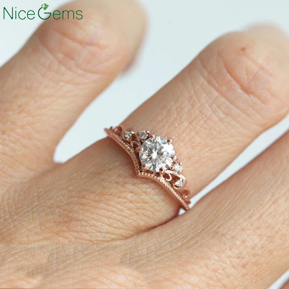 NiceGems 18K розовое золото Круглый Муассанит и натуральный бриллиант обручальное