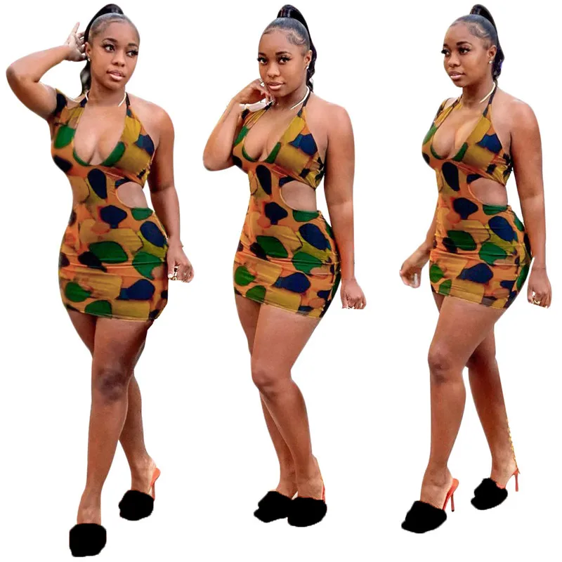 

YEYA Plus Size Spaghetti Straps Mini Dress Women Hollow Out Sexy V Neck Tie Dye Print Club Party Bodycon Dress Vestido De Mujer
