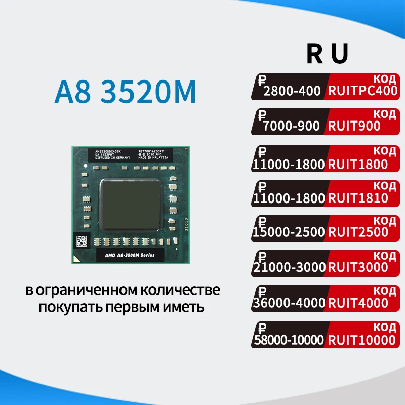 AMD A8 Series 3520M 3520 M 1 6 GHz четырехъядерный процессор AM3520DDX43GX разъем FS1|Процессоры| |