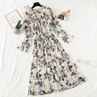 Женское шифоновое платье с принтом, плиссированное Повседневное платье с расклешенными рукавами и воротником в виде листьев лотоса, лето-осень 2020