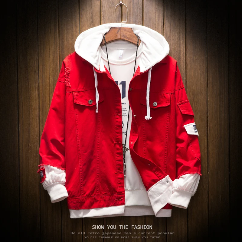 

Men Hooded Denim Jackets Jean Coats New Spring Autumn Men Holes Casual Denim Coats And Jackets Loose Jean Jackets Size 4XL