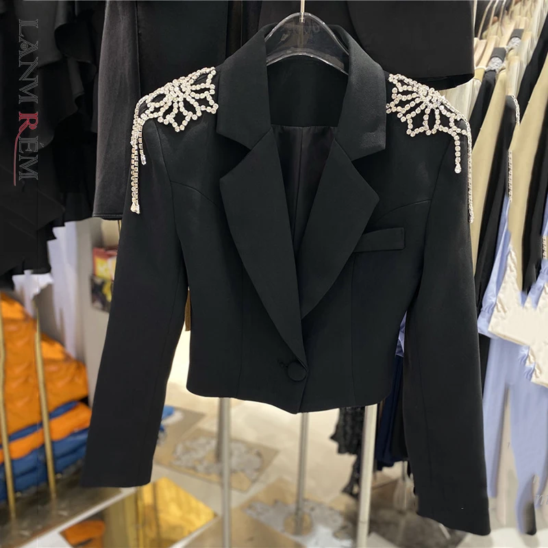 

LANMREM 2021 Autumn Winter New Fashion Girl Shiny Diamond Flowers Tassel Suit Coat Women Short Blazer Slim Fit 2C758