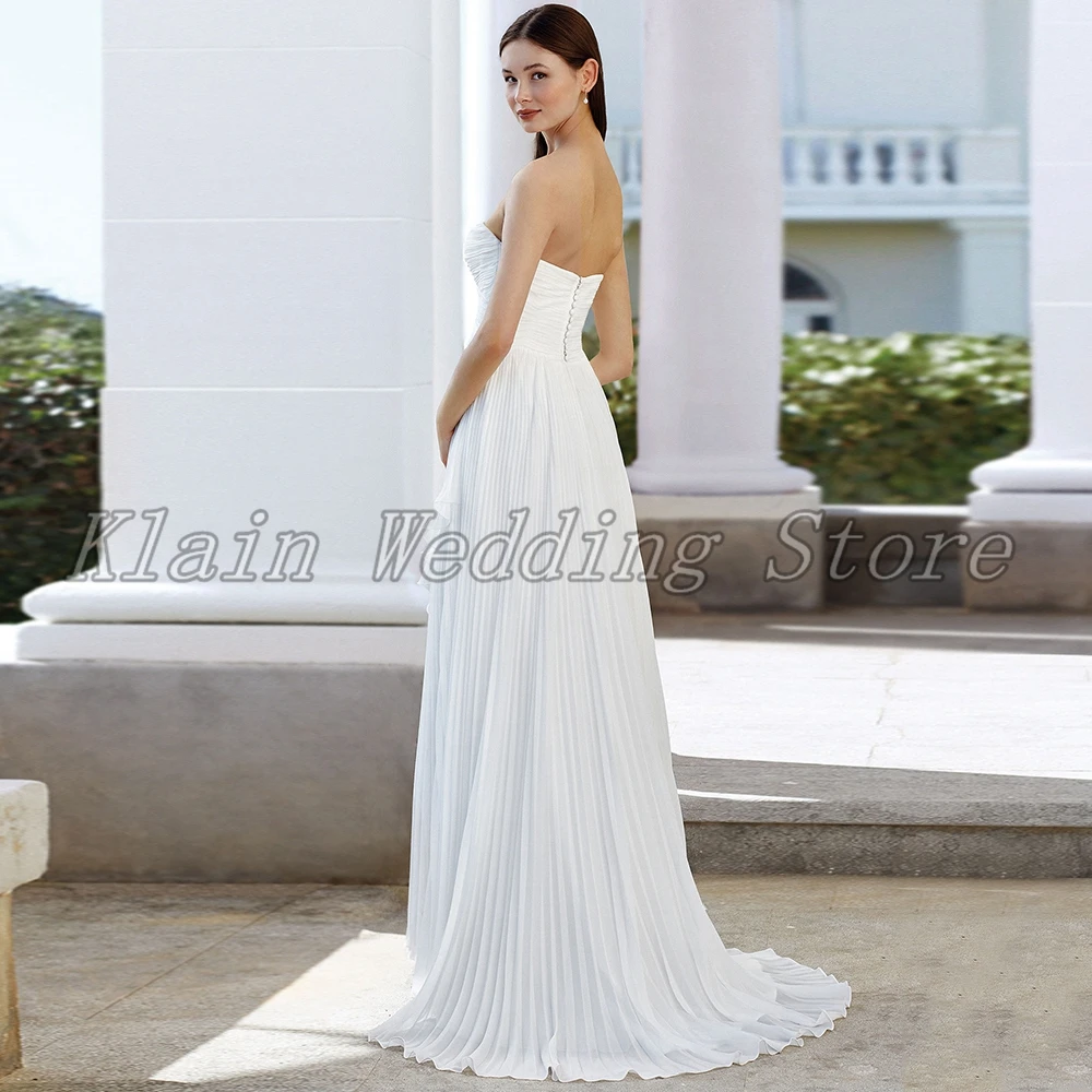 

Charming Sweetheart Sleeveless Hi-Lo Wedding Dress 2021 Corset Sweep Train Beackless Crinkle Chiffon Bridal Gowns