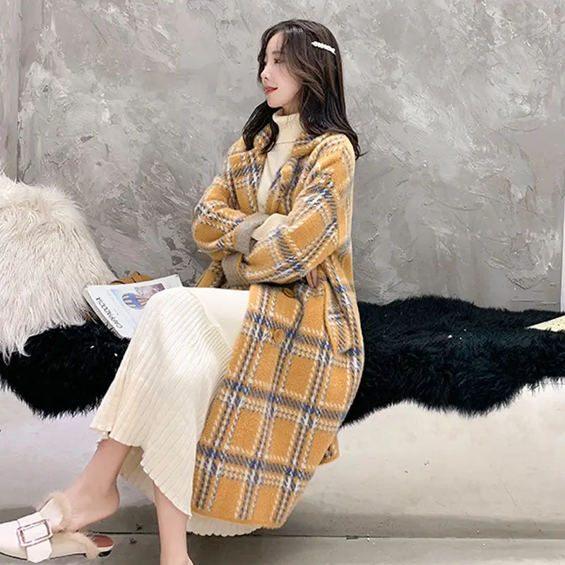Winter Faux Mink Fur Plaid Knit Coat Jacket Outwear Women Warm Long Knitted Cardigan |