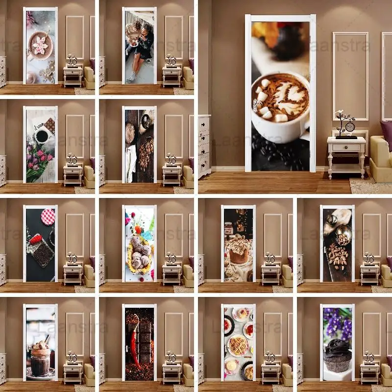 

Self-Adhesive Door Stickers Waterproof Dessert Coffee Tea Party PVC Door Sticker Wallpaper Still Life Restaurant Home Cafe Decor