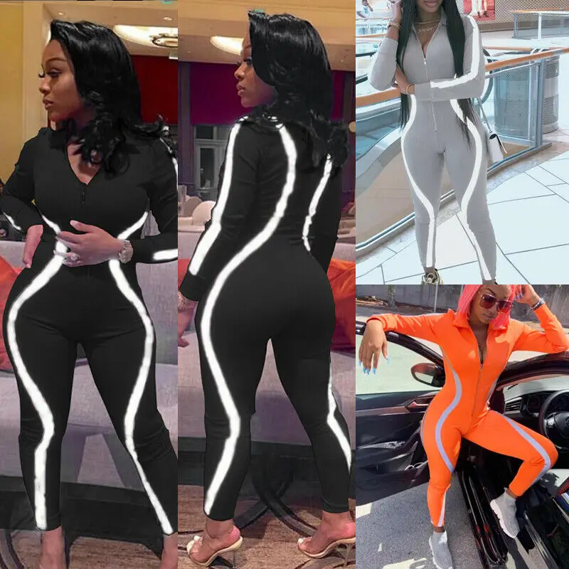 Осенние женские комбинезоны с длинным рукавом на молнии V-образным вырезом