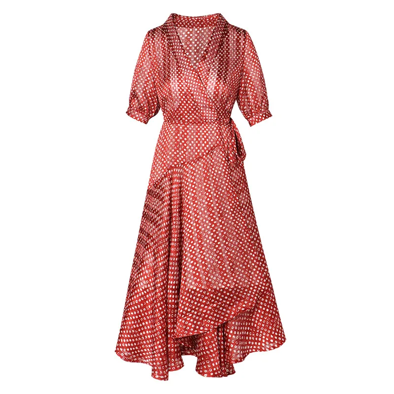 

Vintage Red Polka Dot Chiffon Dress V Neck High Waist Midi Warp Dresses Elegant Ladies Summer Short Sleeve Swing Dress sukienka