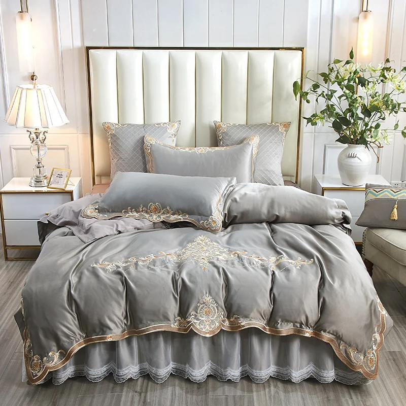 Роскошный серый атласный шелковый хлопковый комплект постельного белья с