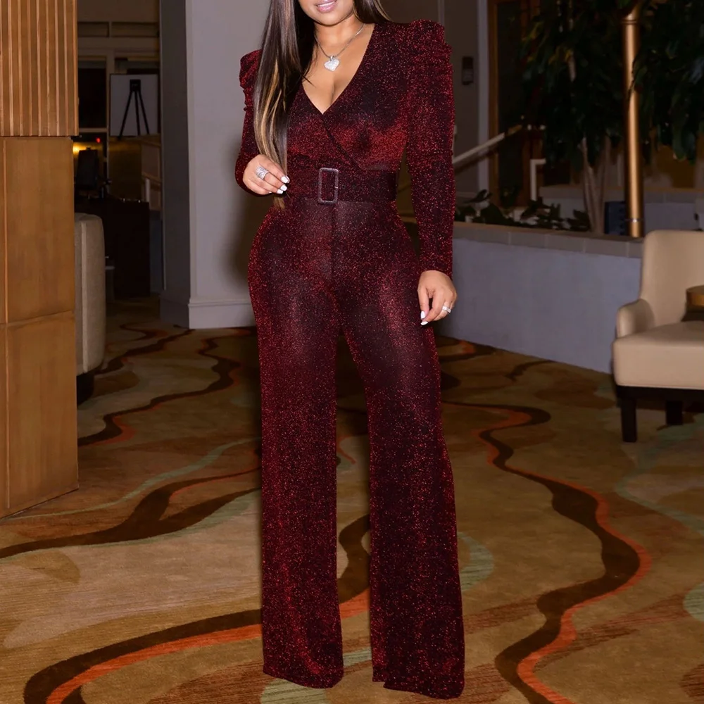 Светоотражающий V шеи блестки винно красный сексуальный комбинезон женский