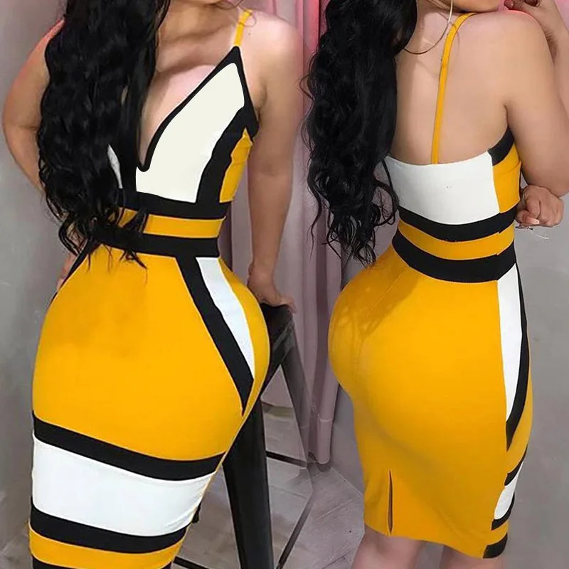 

free shipping 2020 joocar sexy deep neck straps sleeveless Bodycon split stripes dress JC1222