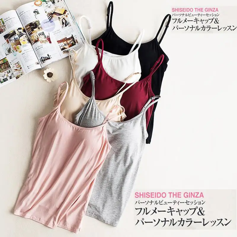 

New Padded Bra Tank Top Women Modal Spaghetti Solid Cami Top Vest Female Camisole With Built In Bra