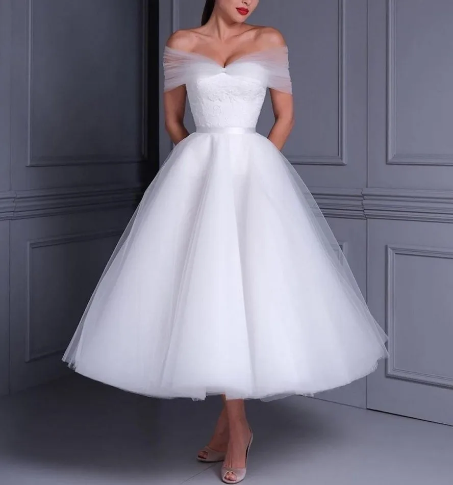 

Elegant Tulle Wedding Dresses A-Line Tea Length Pleated Off Shoulder White Bridal Gowns Robe De Mariee