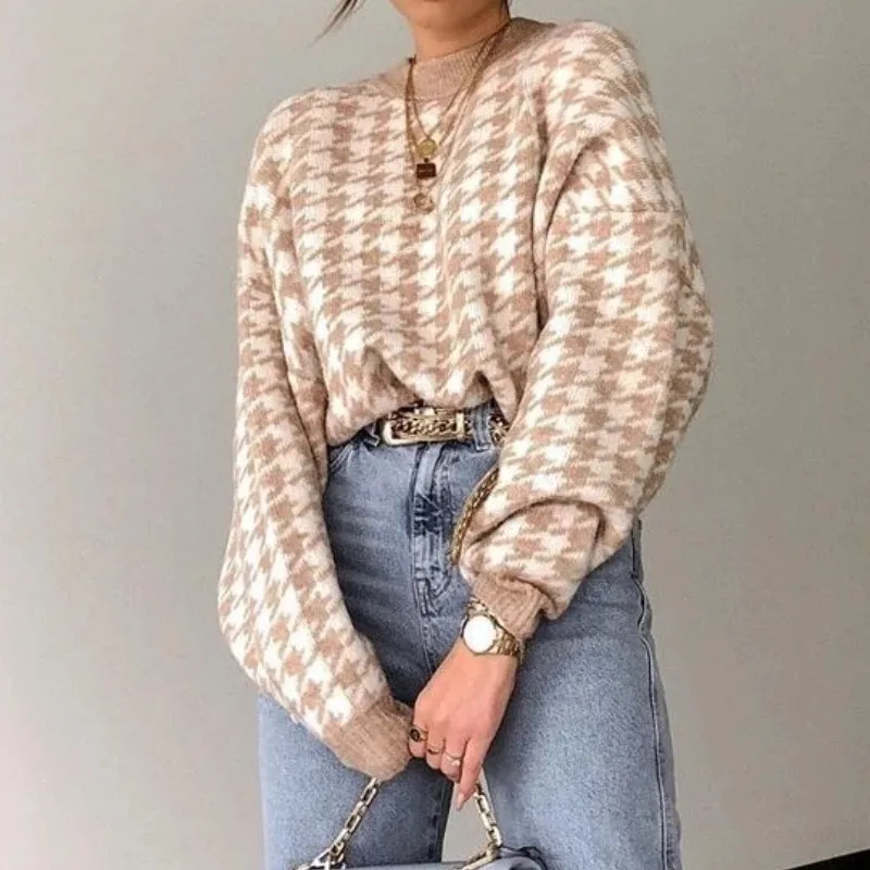 

Houndstooth Oversized Knitted Sweater Women Long Sleeve Loose Plaid Pullover Female Autumn Winter Retro Jumper Tops