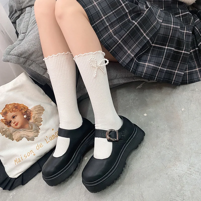 

Harajuku Pearl Bow Socks Women's 2021 Fashion Japanese Lolita Pure Cotton Solid Color Stockings College Style Girl Cute Socks