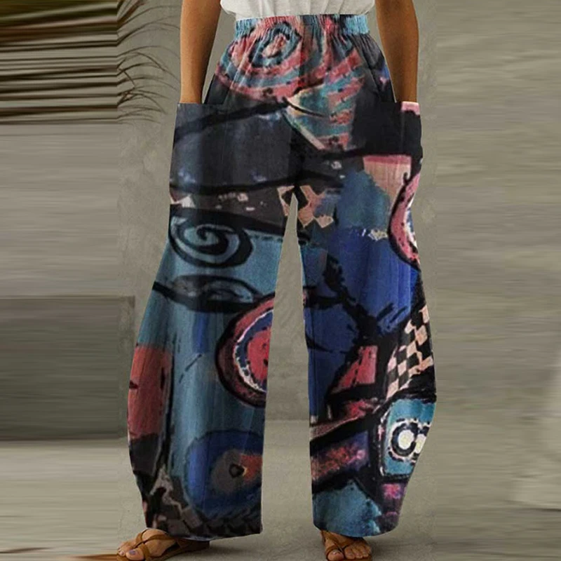 

Casual Harajuku Cotton Linen Straight Trousers 2021 Women Vintage Sweatpants Streetwear Summer Floral Print Mid-Waist Long Pants