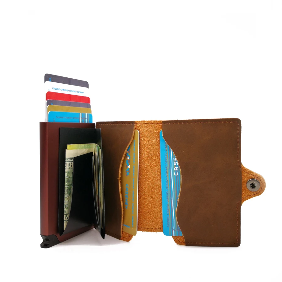 

RFID Business Credit Card Holder Men Multifunction Automatic Aluminium Alloy Leather Cards Case Mini Wallet Slim Coin Purse