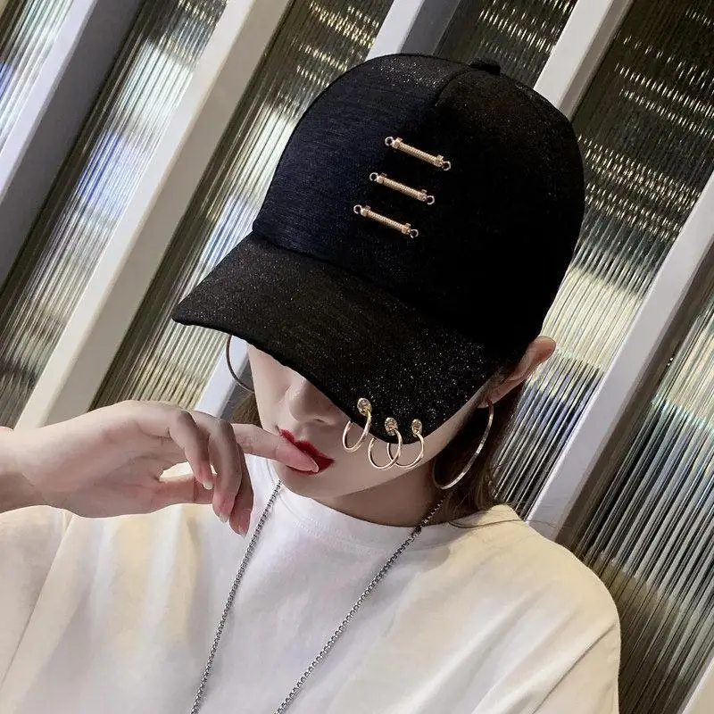 

Baseball Cap Summer Black Cap Korean Cotton Hip-hop Metal Ring Women's Cap Adjustable Sports Female Cap Fashionable Shade Hat