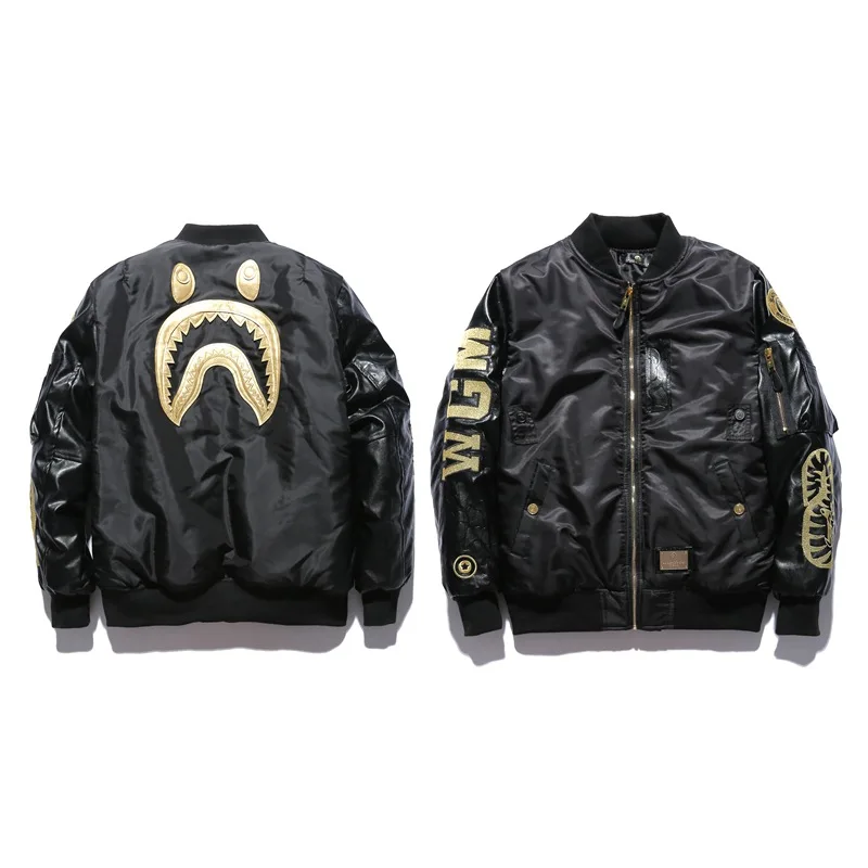 

New Tide Brand Black Gold Embroidered Leather Jacket Japanese Style Shark Baseball Cotton Padded Jacket Men Streetwear Coat