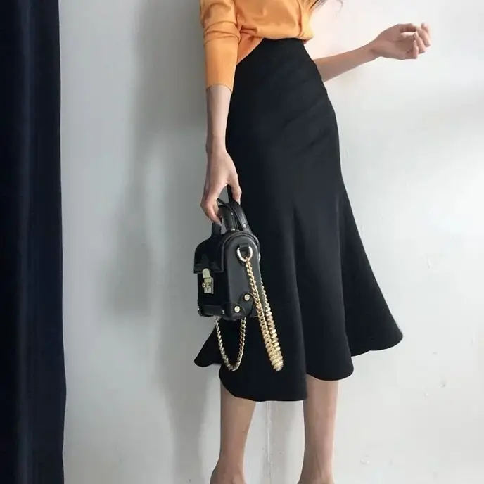 

2021 Spring Summer Women Fashion Office Lady Ruffles Skirt Solid Color High Waist Fishtail Flouncing Knee Length Skirts