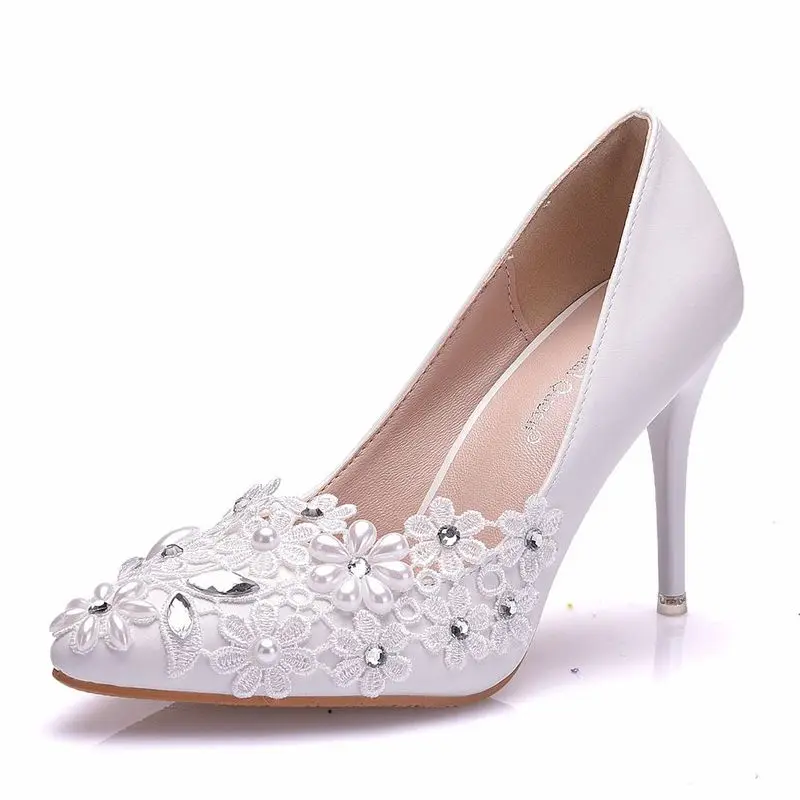 Fashion women thin high heels sexy party shoes women pumps wedding banquet Lace PU Rhinestones Slip On 9.5CM Pointed Toe white