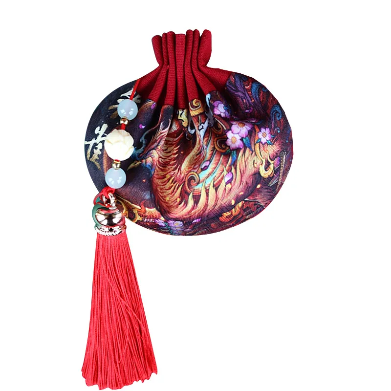 

Vintage Chinese Style Jewelry Storage Bag Ancient The Four Symbols Pattern Sachet Pouch Drawstring Bag Lucky Jade Tassel Gift