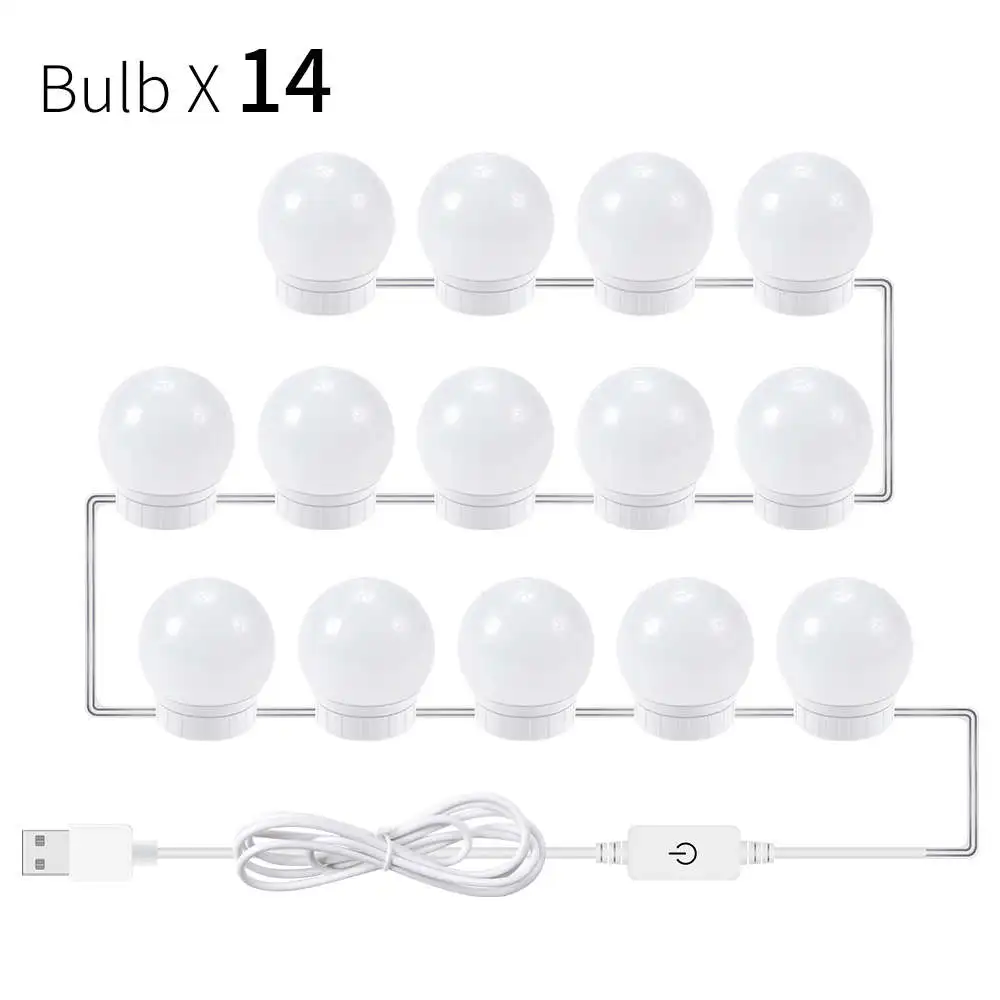 14Bulbs White Зеркальный светодиодный светильник USB косметический СВЕТОДИОДНЫЙ светильник 12 В штепсельная вилка стандарта США и ЕС бесступенчатая настенная лампа с регулируемой яркостью голливудский зеркальный светильник лампа 2 6 10 14 лампочка - Цвет абажура: 14Bulbs White