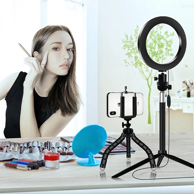 

2 in 1 Selfie LED Ring Light with Flexible Phone Holder Tripod for Makeup Photo Video Lighting Ringlight With Mini Trpiod