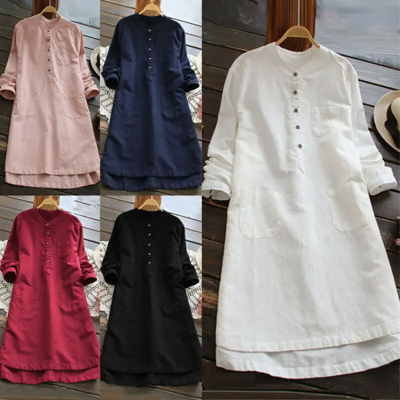 Плюс размер женское хлопковое свободное вечернее платье с длинными рукавами