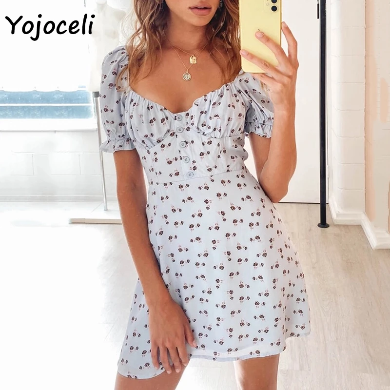 Платье Yojoceli женское с принтом роз Пляжное мини платье квадратным вырезом в стиле