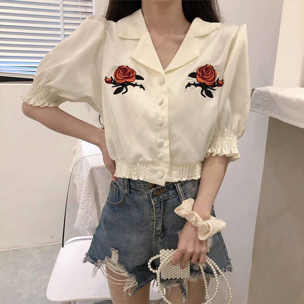 Женская блузка с вышитым цветком в стиле ретро лето 2020 Новые укороченные топы во
