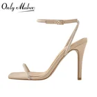 Женские босоножки с квадратным носком Onlymaker, летние матовые сандалии цвета хаки на тонком высоком каблуке с блестками, большие размеры