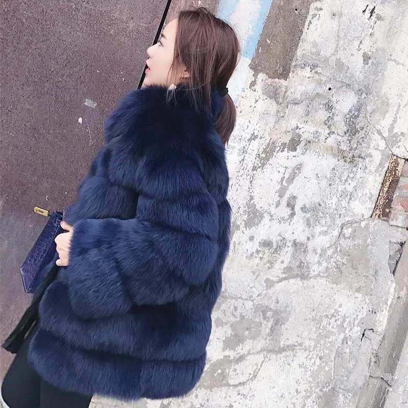 Navy blue URSPORTTECH пальто из искусственного коричневого лисьего меха, женское плюшевое пальто, куртка, уличная одежда, осень-зима, теплое пальто из искусственного лисьего меха, верхняя одежда для женщин - Цвет: Navy blue