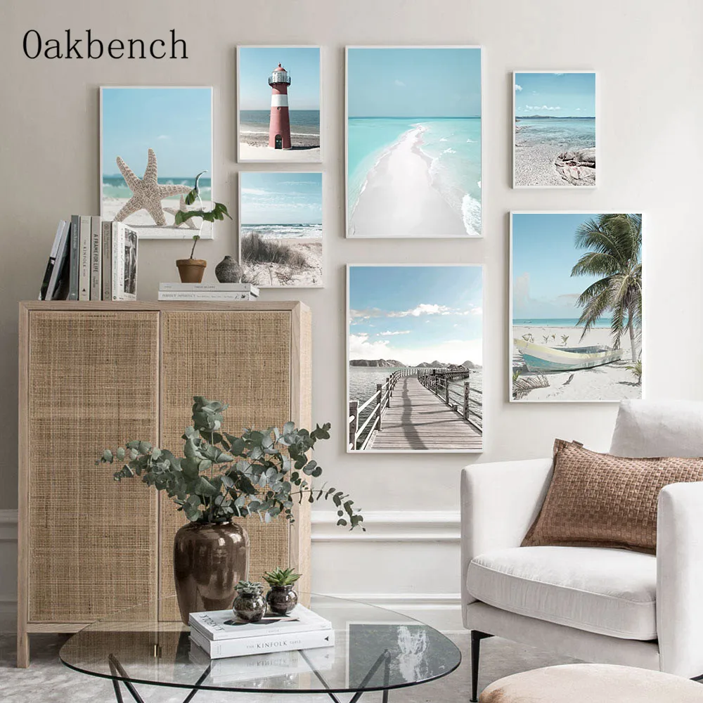 

Ocean Landscape Painting Beach Palm Tree Canvas Art Print Lighthouse Wall Poster Nordic Wall Pictures For Living Room Decor