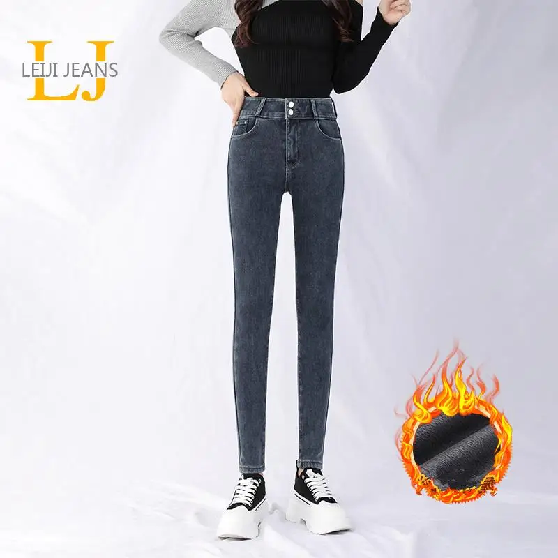 

Женские обтягивающие джинсы LEIJIJEANS, черные бархатные джинсы-карандаш с добавлением шерсти, модель 6XL на зиму, 2021
