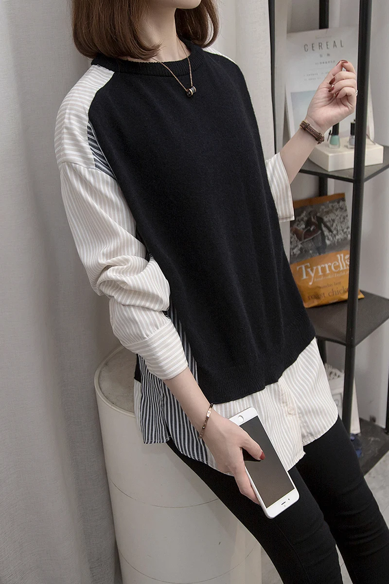 

COIGARSAM 4XL Plus Size Fashion Knitting blouse women Spring Patchwork blusas womens tops and blouses Coat 8236