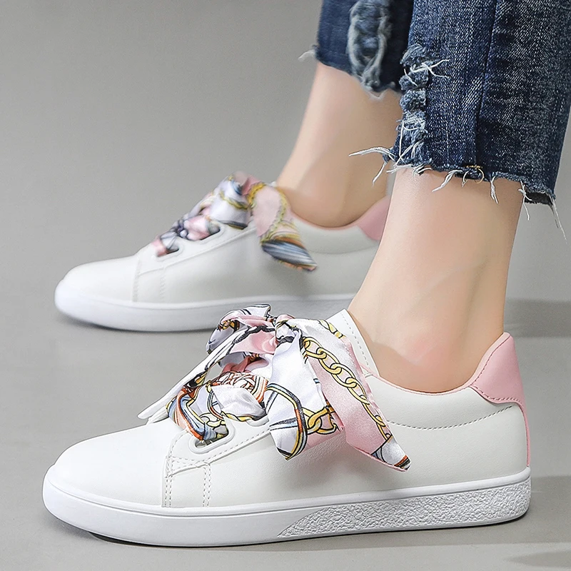 

Ribbon Shoes Women's Vulcanize Shoes WI Spring New Casual Classic Solid Color PU Leather Shoes Women Casual White Shoes Sneakers