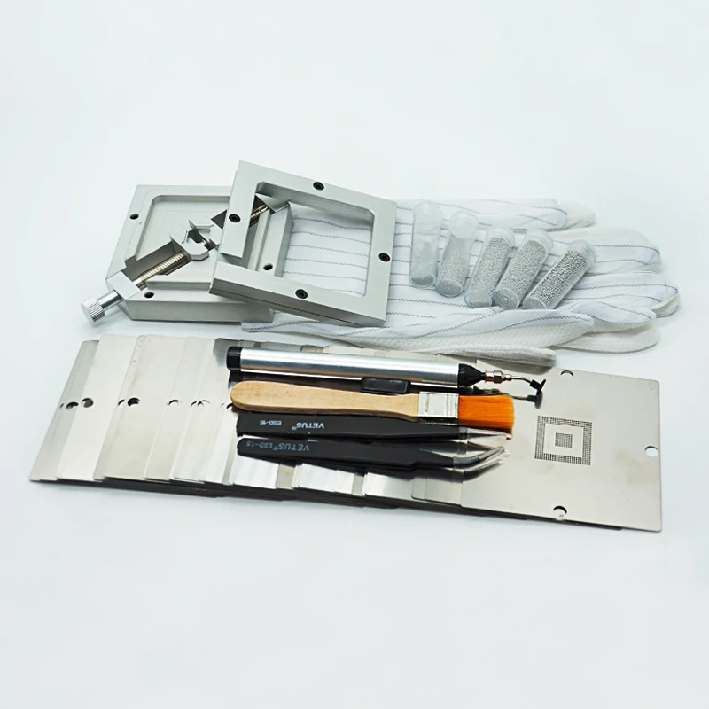 

BGA Reballing Kit 90mm 47PCS BGA Stencils Holder Jig 250K Solder Ball 0.3 0.45 0.5 0.6 0.76mm Anti-static Tweezers Brush Gloves